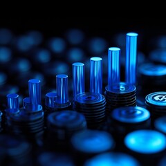 Aufkleber - Digital Currency Growth: Stacked Coins and Rising Bars in Neon Blue, Financial Success and Technology