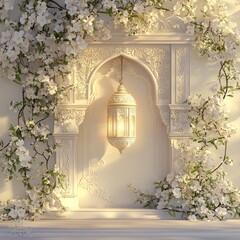 Aufkleber - Elegant Archway Lantern Surrounded by Blossoming White Flowers in Serene Light
