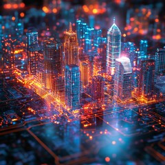 Aufkleber - Futuristic Cityscape: Digital Networks and Illuminated Skylines of a Tech-Driven Metropolis of the Future