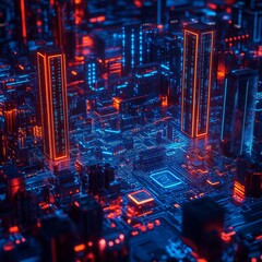 Aufkleber - Futuristic Cybernetic Cityscape: A Vibrant Circuit Board Metropolis in Neon Red and Electric Blue