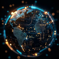 Fototapete - Global Network Technology: A digital world globe illuminated with vibrant circuitry and glowing nodes of connection.