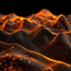 Poster - Golden Wave: Abstract digital landscape with glowing particles, futuristic network of light and shadow.