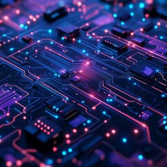 Poster - Neon Circuit Board: Futuristic Technology with Glowing Connections and Components