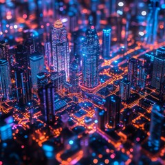 Poster - Neon Metropolis: A Dystopian Cityscape Bathed in Electric Lights and Vibrant Hues, Highlighting the Urban Core