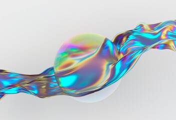 Poster - Lustrous, iridescent sphere is wrapped in a flowing, colorful ribbon against a soft white background. This 3D illustration exudes a futuristic and elegant vibe with its smooth textures.