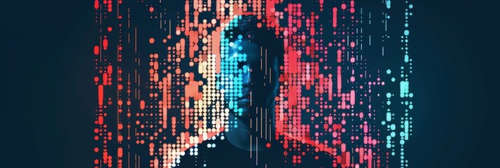 Identity: Data Stream Portrait - Abstract portrait of a person formed from a colorful data stream, representing identity and technology