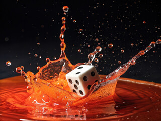 Fototapete - A die is captured mid-air, splashing into a pool of vibrant orange liquid. The splash creates dynamic droplets and ripples, with the die partially submerged and its numbers visible.