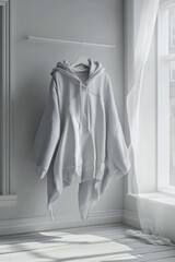 Aufkleber - White oversized hoodie hanging on white hanger in minimalist sunlit room