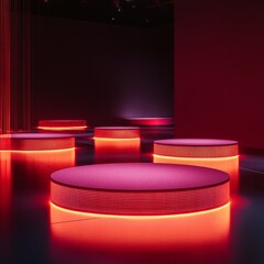 Poster - Illuminated Red Platforms: An Artistic Display in a Modern, Dark Room with Subtle Lighting and Futuristic Vibe