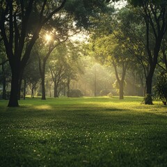 Poster - Serene Sunrise Through Trees Illuminating Green Grass in a Tranquil Park Setting. Nature's Beauty and Peaceful Atmosphere.