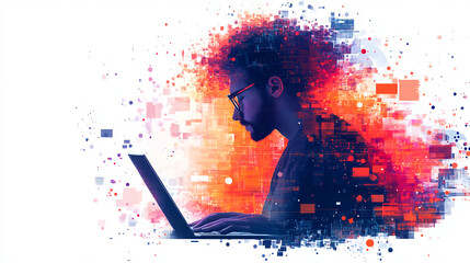 Man coding on laptop with abstract digital art background for technology and programming concept use, ai art