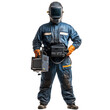 © Anha - Welder in Protective Gear Holding Welding Equipment Dark Background isolated on transparent background