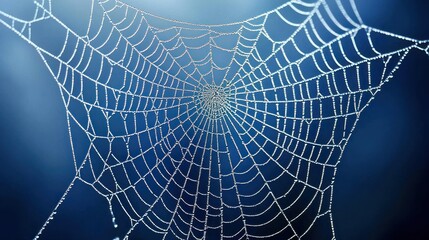 Dew-covered spiderweb against a blurred blue background.