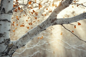 Aufkleber - Warm sunlight filters through bare branches of a snowy tree in a tranquil winter forest during the late afternoon, creating a peaceful and serene atmosphere