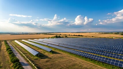 Solar Panel Array in a Rural Field Under a Blue Sky.