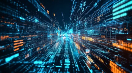 Data Highway - Abstract depicting a futuristic data highway with glowing blue and orange streams. Represents fast data flow, technology, and the world