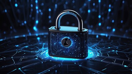 A digital futuristic representation of cybersecurity showcasing a black padlock at the center