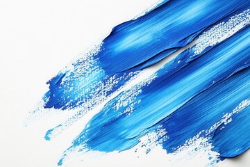 Poster - Bold blue paint strokes create an abstract design on a white canvas in contemporary art studio, showcasing creativity and artistic expression during afternoon hours