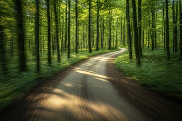 Aufkleber - Peaceful forest path winding through tall trees in early autumn with fallen leaves and vibrant green foliage in a serene landscape setting