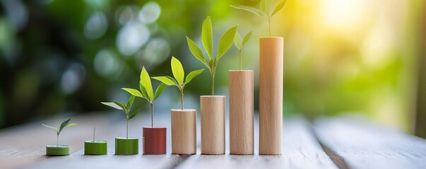 Poster - Plants growing on increasing coin stacks symbolizing sustainable business growth