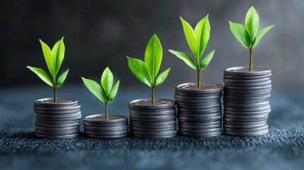 Poster - Five stacks of coins with plants growing showing increasing profits