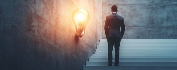 Poster - Businessman standing on stairs looking at light bulb on concrete wall