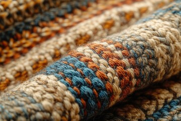 Poster - Macro shot of a folded knit fabric with a blend of colorful yarns forming textured patterns.