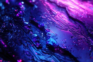Poster - Abstract close-up of a computer circuit board with water droplets and neon purple and blue lighting.