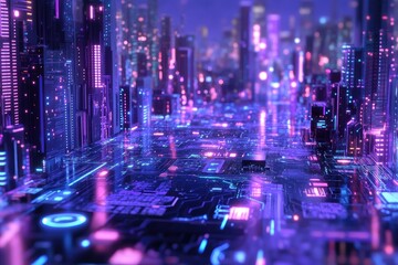 Aufkleber - A futuristic cityscape with glowing neon lights and circuit board textures, showcasing a blend of technology and urban environment in a dreamy aesthetic.
