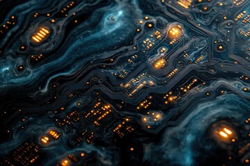 Poster - Abstract rendering of a motherboard, with glowing circuits and liquid metal effect,  deep blue.