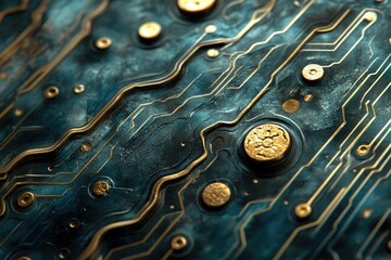 Poster - A detailed close-up of a circuit board with golden lines on a teal background, showcasing intricate electronic design and engineering.