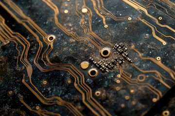 Poster - Close-up view of a circuit board showing intricate golden traces and small electronic components, evoking technology and connectivity.