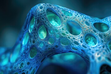 Poster - Intricate blue structure with interconnected holes revealing circuit board-like patterns, showcasing a blend of organic and technological design.