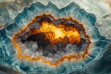 Poster - A geode showcases sparkling crystals with a radiant yellow center, framed by stunning blue and white quartz formations.