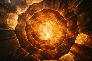 Aufkleber - Abstract concentric circles emanating bright golden light, resembling a tunnel or a glowing portal within a rocky structure.