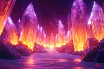 Poster - A mesmerizing scene of giant crystal formations glowing with orange and purple hues in a mysterious cave.