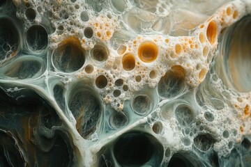 Fototapete - A macro shot reveals intricate, cellular-like structures with various sized holes, colored in white, gray, and amber hues.