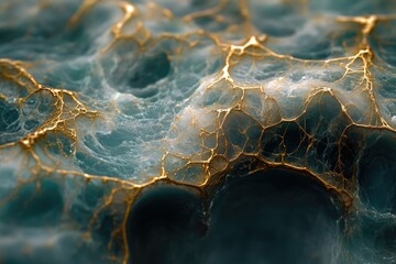 Poster - Elegant abstract background featuring flowing blue and white forms with delicate golden veins, creating a luxurious and organic texture.