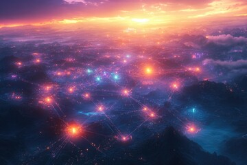 Aufkleber - Aerial view of a futuristic network city at sunset, with vibrant lights and interconnected systems.