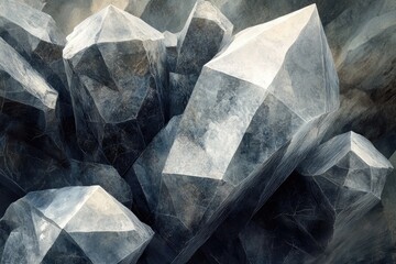 Poster - A cluster of large, multifaceted crystals gleam with shades of grey, silver and white, creating a complex and captivating geological texture.
