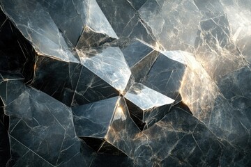 Poster - Abstract geometric pattern of sharp, glossy, dark stone fragments with marble-like texture and golden veining.