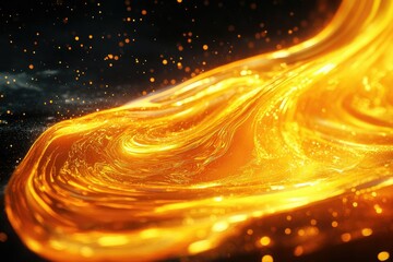 Leinwandbilder - Golden swirling liquid flows with dark background, featuring particles and a captivating abstract design, shining with light and brilliance.