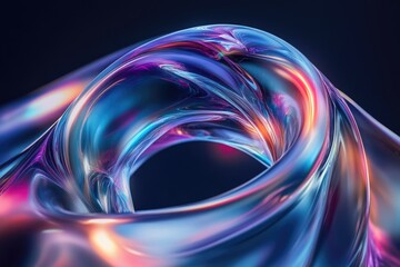 Fototapete - A swirling, iridescent, and abstract wave form that shimmers with blue, purple, and orange light against a dark, soft background.
