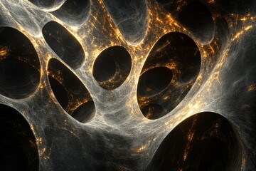 Aufkleber - An abstract, futuristic network-like structure with interconnected openings, illuminated by golden light on a dark background, resembling a digital landscape.