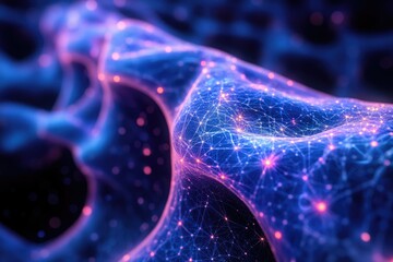 Aufkleber - Abstract network of interconnected nodes, resembling a neural network with vibrant blue and pink hues, showing data flow and connectivity.
