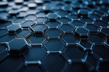Poster - Hexagonal pattern with a metallic structure and dark filling. Abstract and technological background with great depth of field and shallow focus.