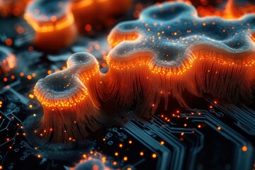 Aufkleber - Abstract digital landscape with glowing orange filaments emerging from a circuit board, creating a futuristic technological scene.