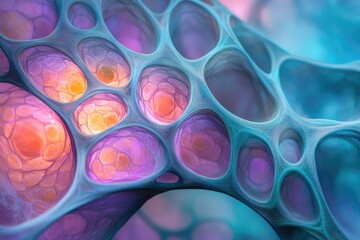 Poster - Abstract vibrant organic structure of cells with intricate interconnected network, glowing and colorful, resembling biological tissue or microscopic organism.