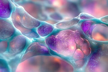 Leinwandbilder - Abstract depiction of interconnected cells or biological structures, rendered with vibrant purple and teal hues, showcasing network-like connections.