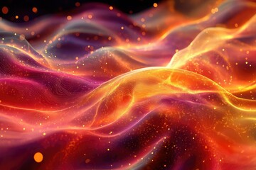 Poster - Abstract waves of vibrant orange, red, and purple hues create a mesmerizing and dynamic landscape with shimmering particles.